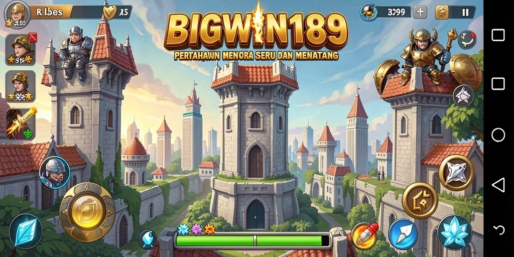 Screenshot gameplay BIGWIN189 yang menampilkan menara dan musuh.