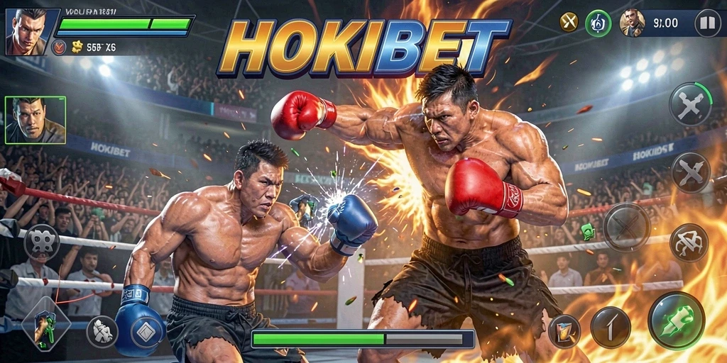 Tangkapan layar HOKIBET menampilkan pertarungan epik antara karakter dengan efek visual menakjubkan.