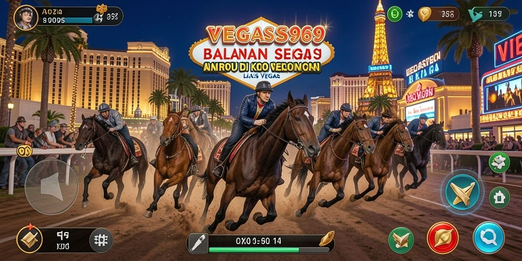 Tampilan gameplay seru di VEGAS969 dengan kendaraan balap di trek Las Vegas.